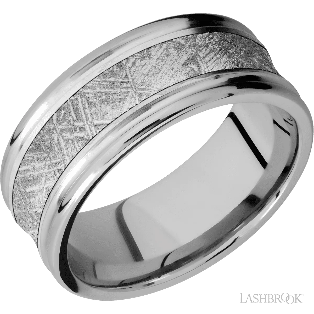 10K White Gold with Hammer , Polish Finish and Meteorite Inlay - 9MM