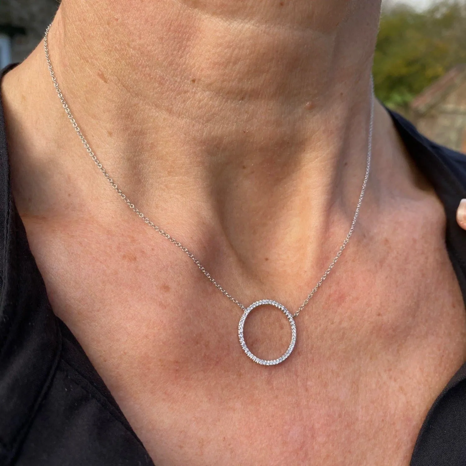 14K Large Solid Gold and Diamond Open Circle Necklace