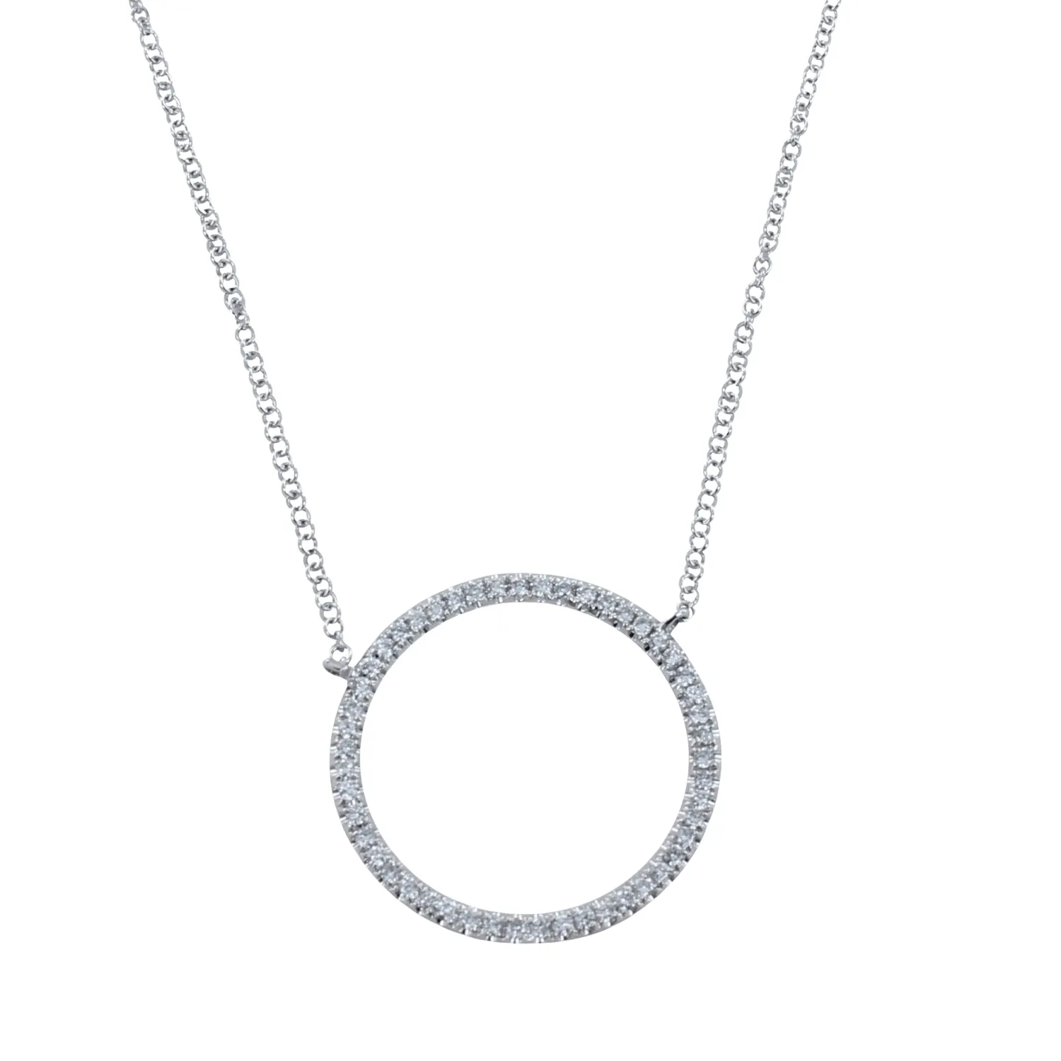 14K Large Solid Gold and Diamond Open Circle Necklace