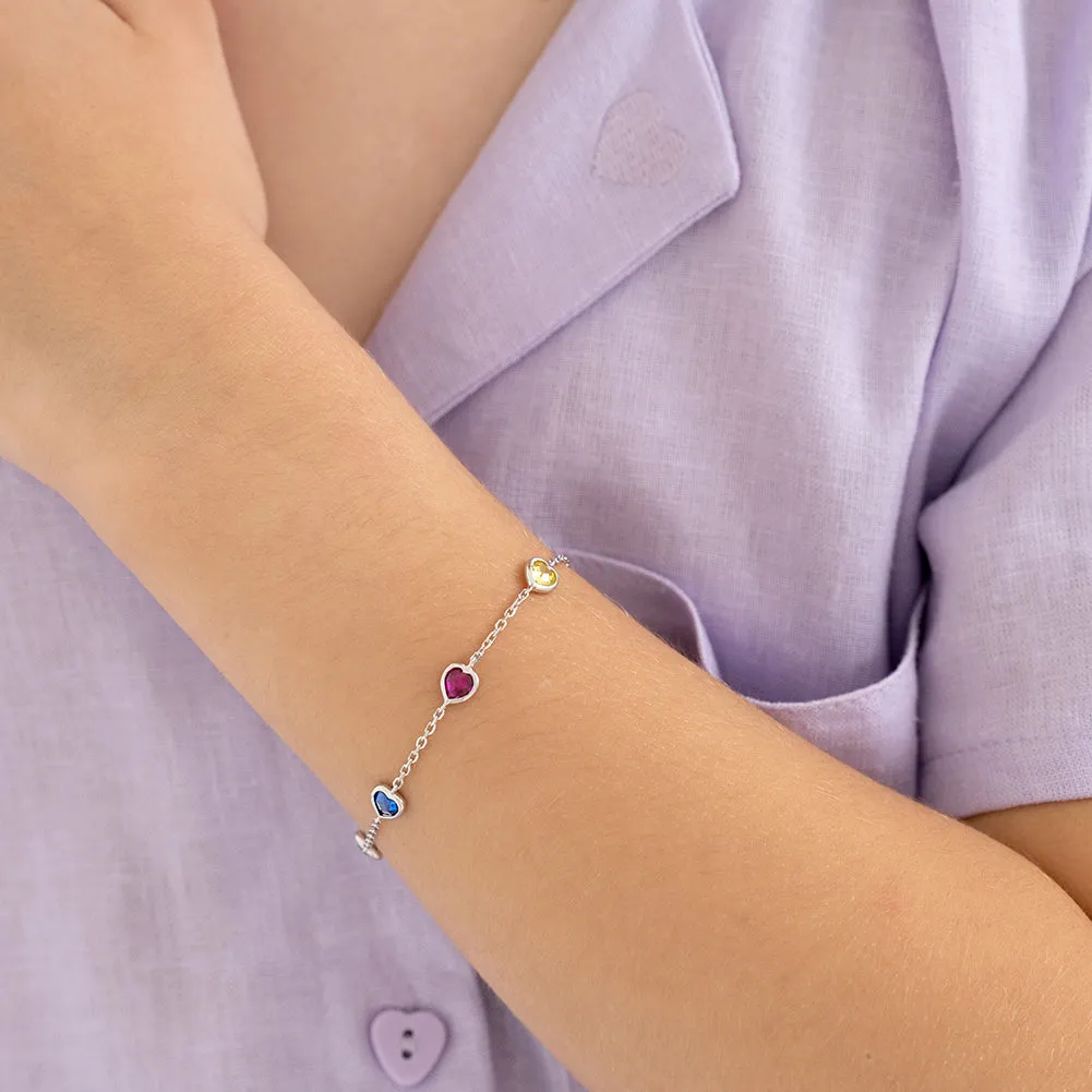6"- 7" Multicolored Heart CZ Kids Girls Bracelet - Sterling Silver