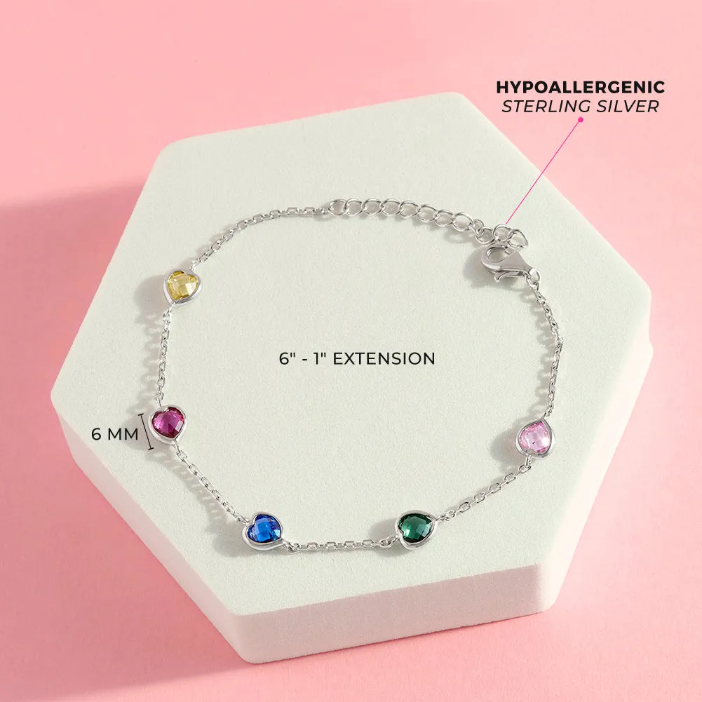 6"- 7" Multicolored Heart CZ Kids Girls Bracelet - Sterling Silver