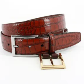 Alligator Grain Embossed Calfskin Belt Double Buckle Option in Cognac Brown by Torino Leather Co.