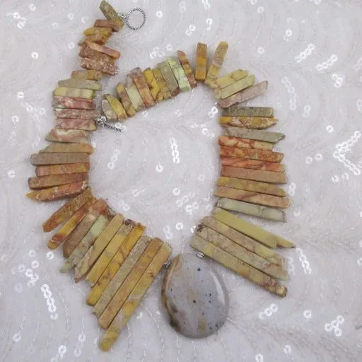 Bold Yellow Gemstone Stick Bead Necklace with Gemstone Pendant