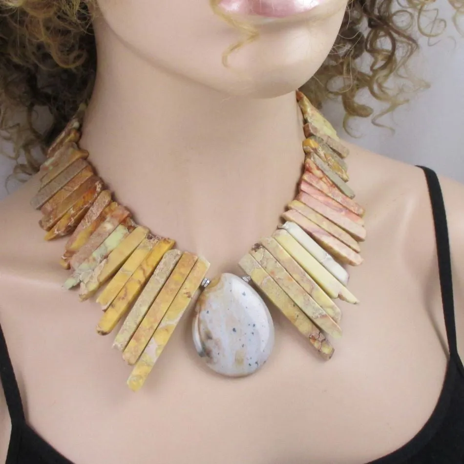 Bold Yellow Gemstone Stick Bead Necklace with Gemstone Pendant