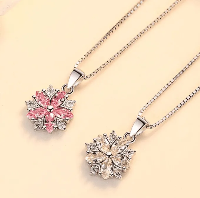 Cherry Blossoms Cubic Zirconia 14K White Gold Plated Necklace for Women