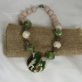 Cream, Light Brown & Green Pendant Necklace Kazuri Fair Trade Bead