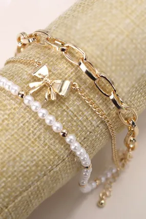 Gold Bow and Pearl Bracelet Trio Set