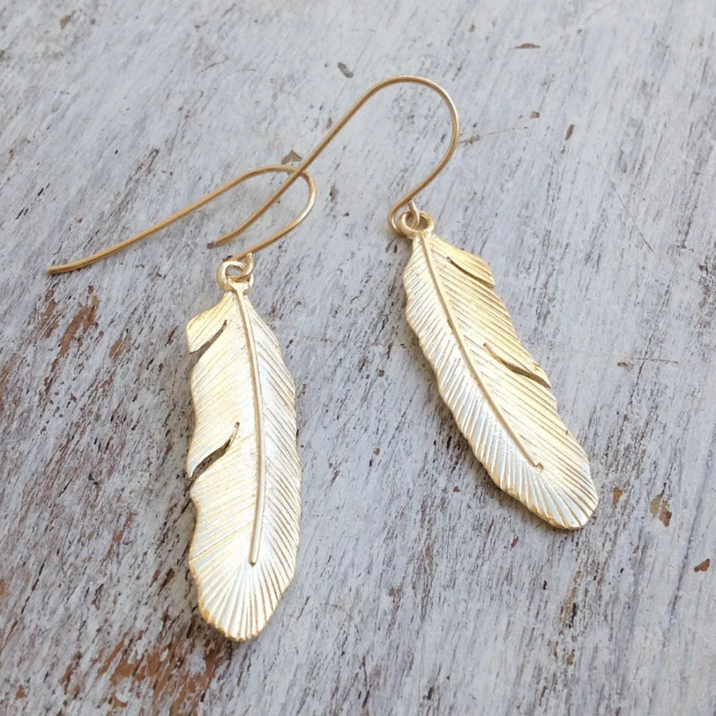 Gold Long Feather Dangle Earrings