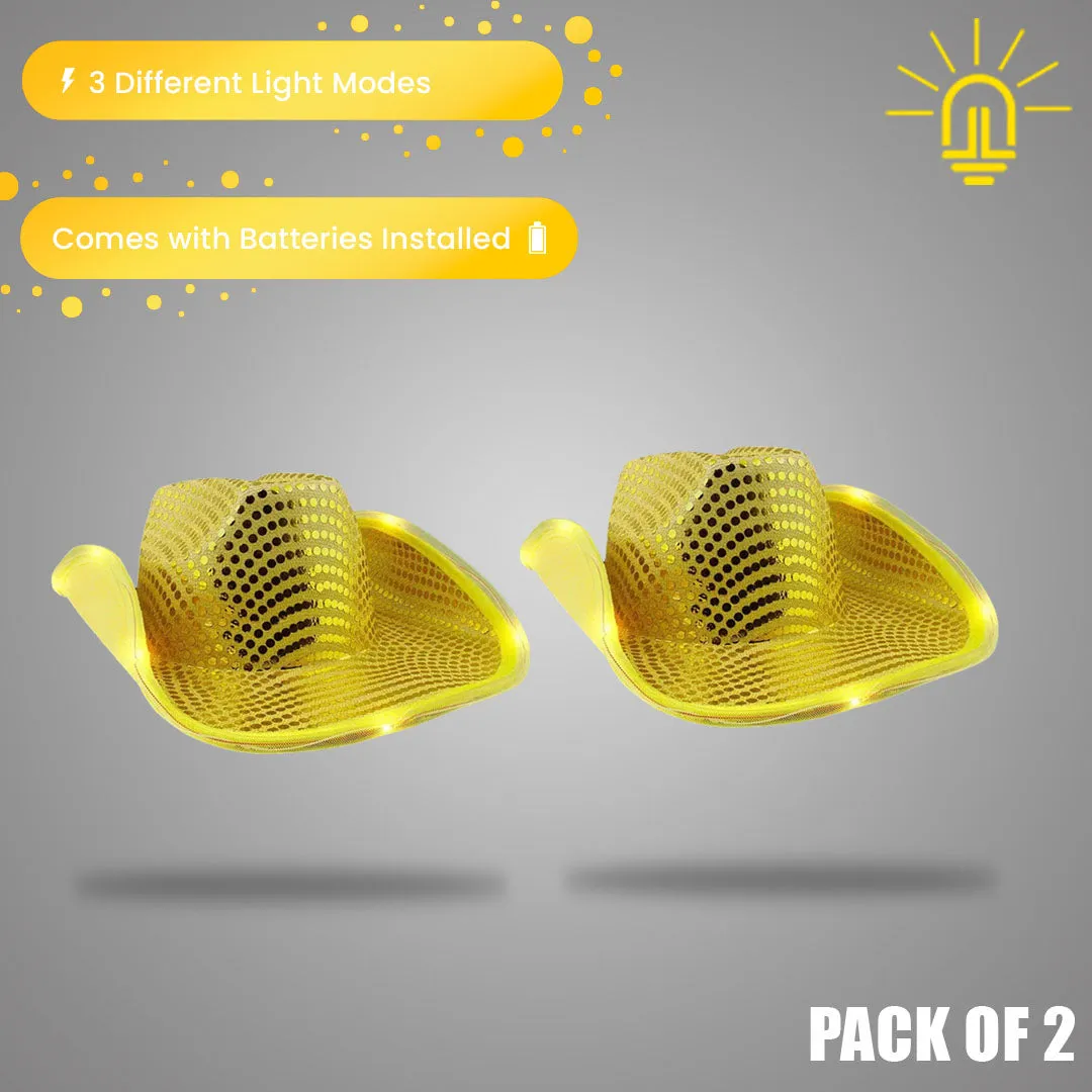 LED Light Up Flashing Gold Sequin Cowboy Hat - Pack of 2 Hats