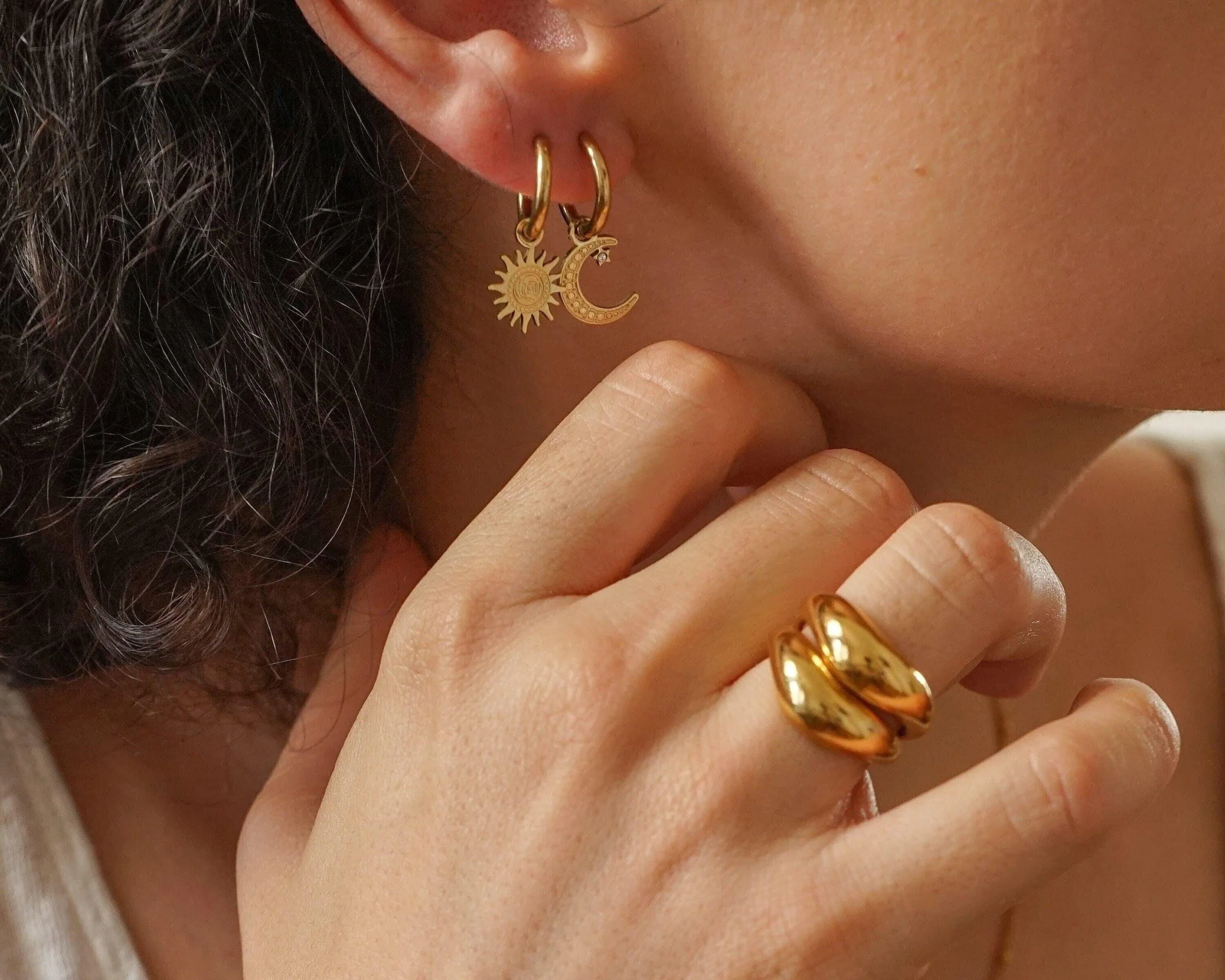 Mismatched Sun and Moon Gold Hoop Earrings