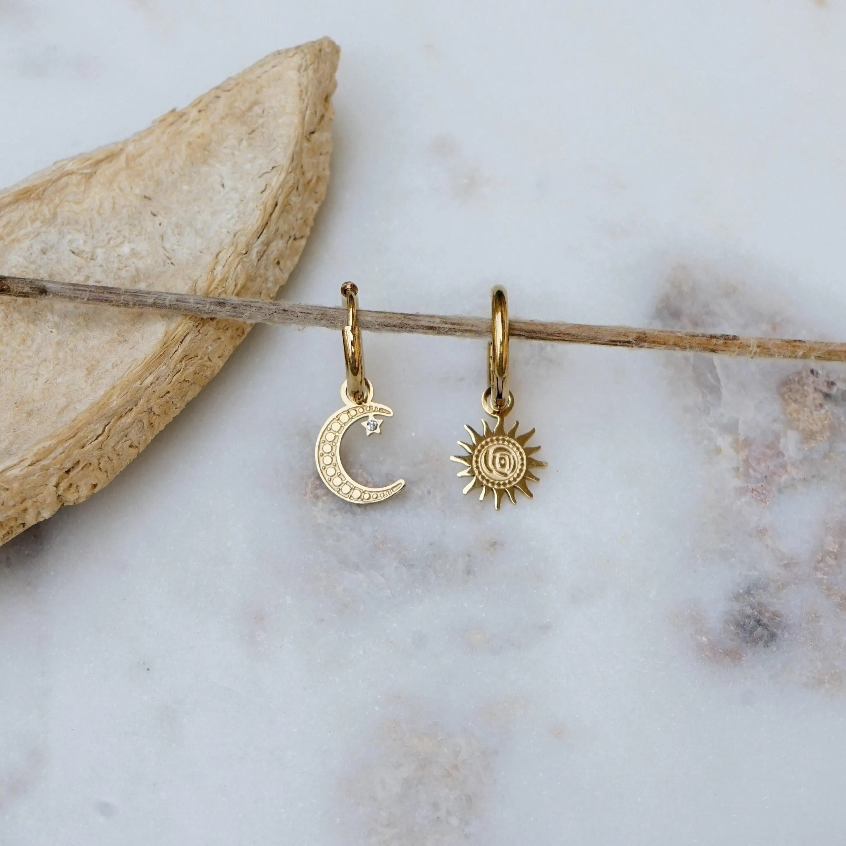 Mismatched Sun and Moon Gold Hoop Earrings