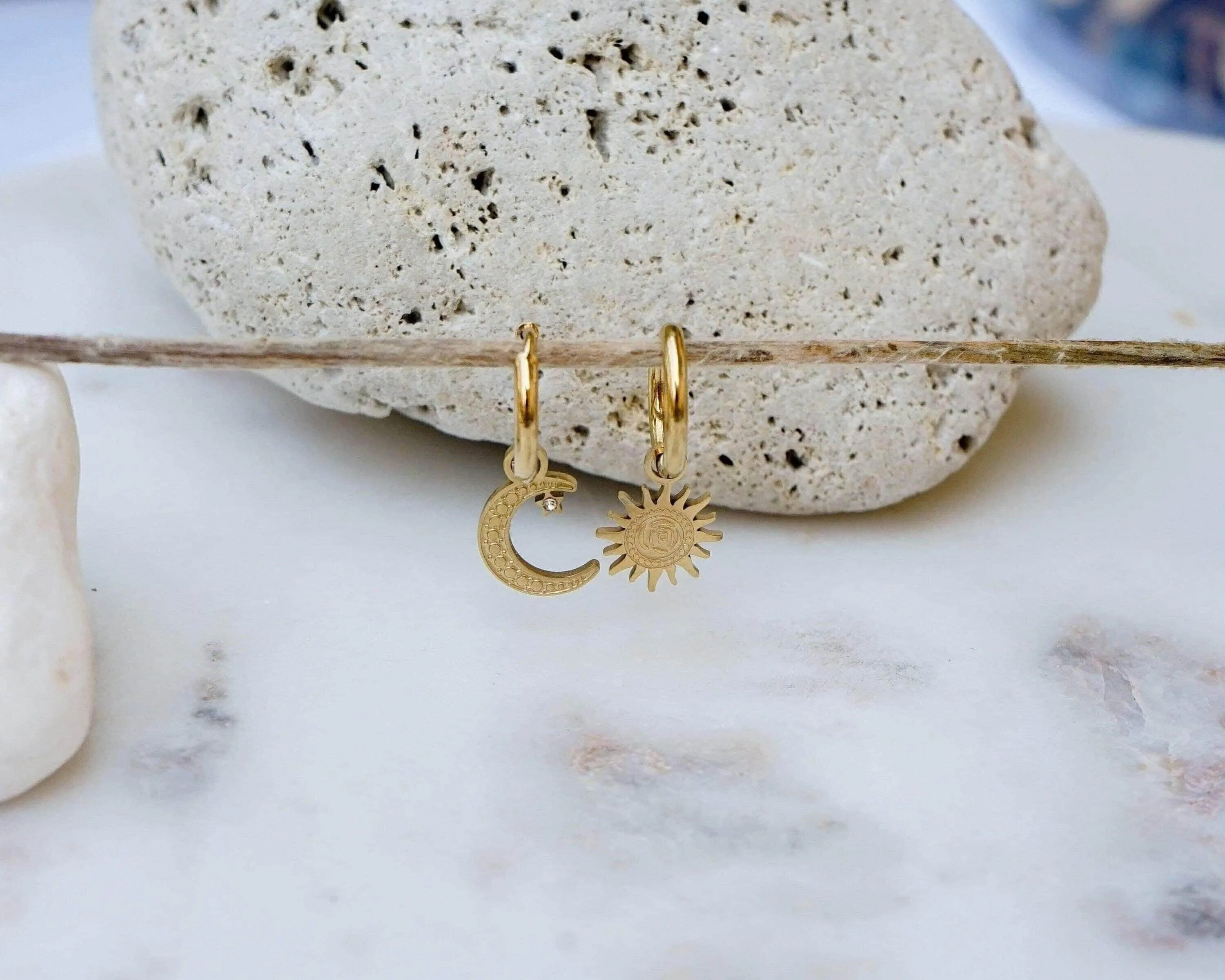 Mismatched Sun and Moon Gold Hoop Earrings