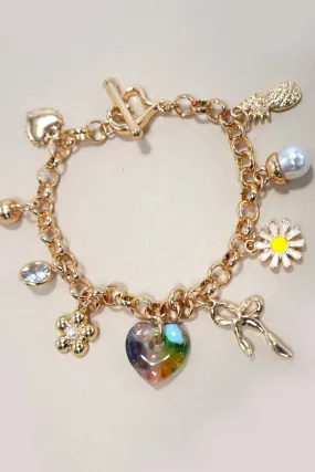 MULTI CHARM BOW FRUIT FLOWER TOGGLE BRACELETS | 80B247: GOLD