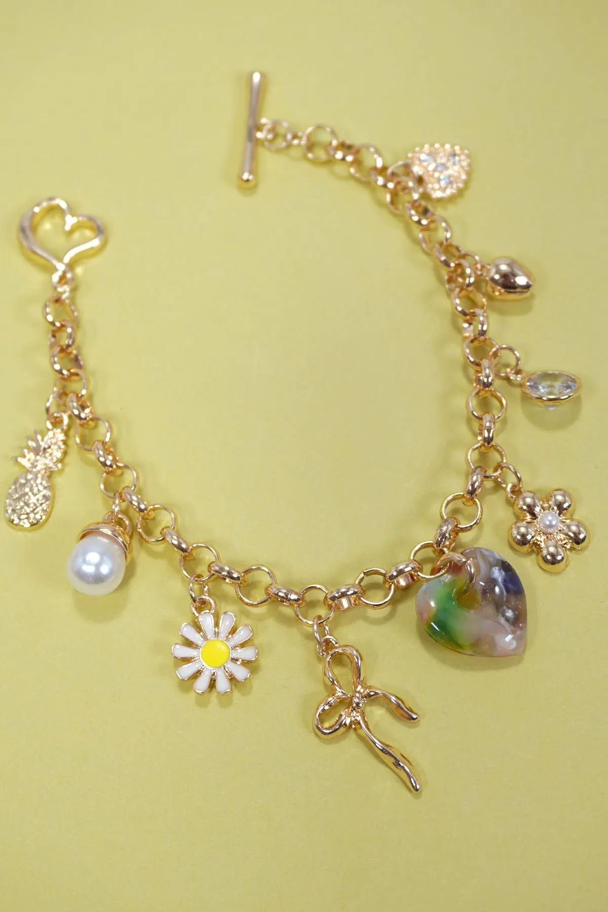 MULTI CHARM BOW FRUIT FLOWER TOGGLE BRACELETS | 80B247: GOLD