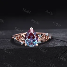 Sailor Moon Inspired Engagement rings 1.25ct Pear Alexandrite rings 10k rose gold Bowknot Engagement Ring Alexandrite Cluster Wedding Rings
