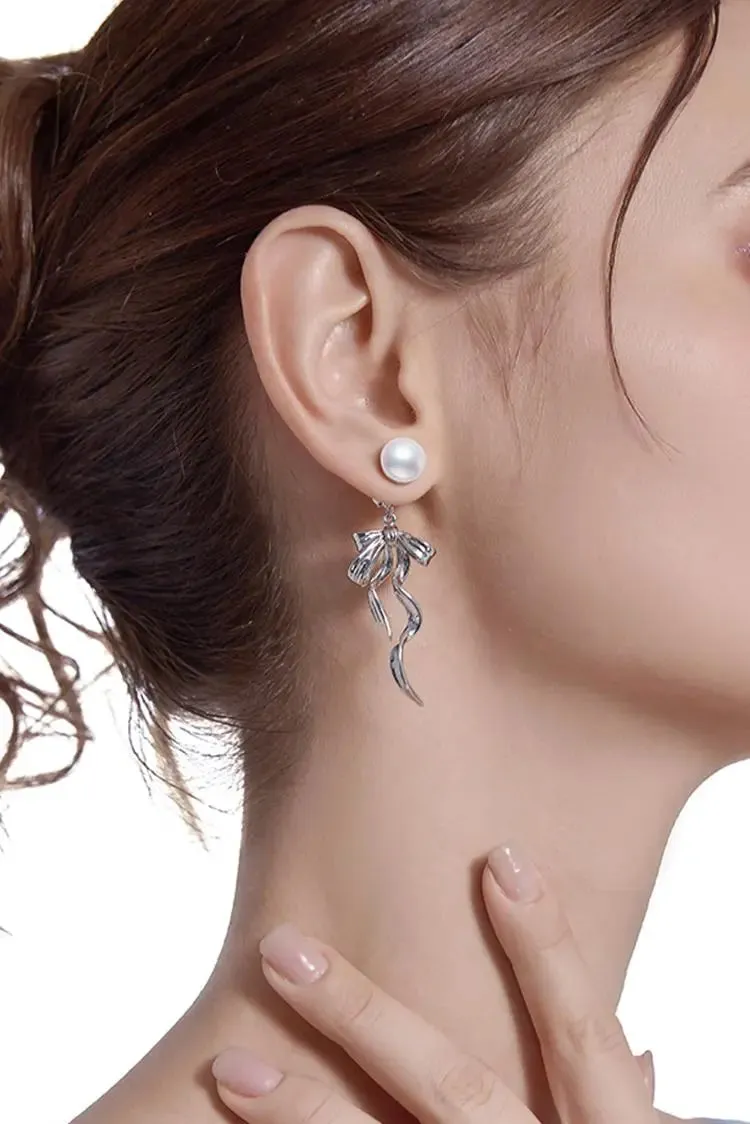 Silver Dangle Bow Earrings with Pearl