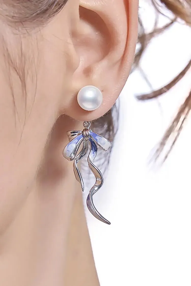 Silver Dangle Bow Earrings with Pearl