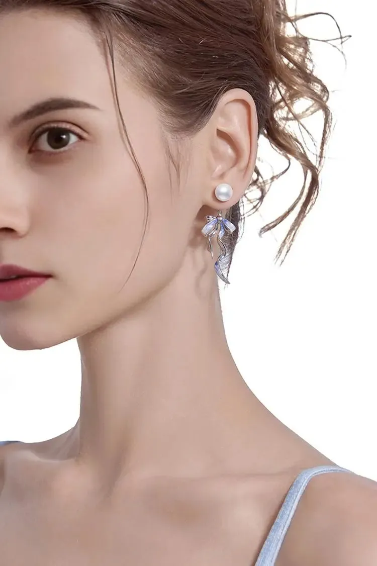 Silver Dangle Bow Earrings with Pearl