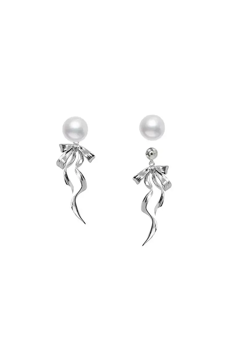 Silver Dangle Bow Earrings with Pearl