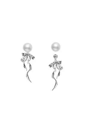 Silver Dangle Bow Earrings with Pearl