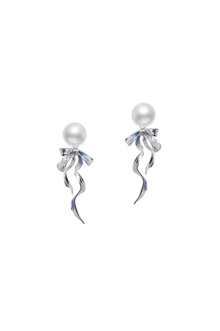 Silver Dangle Bow Earrings with Pearl