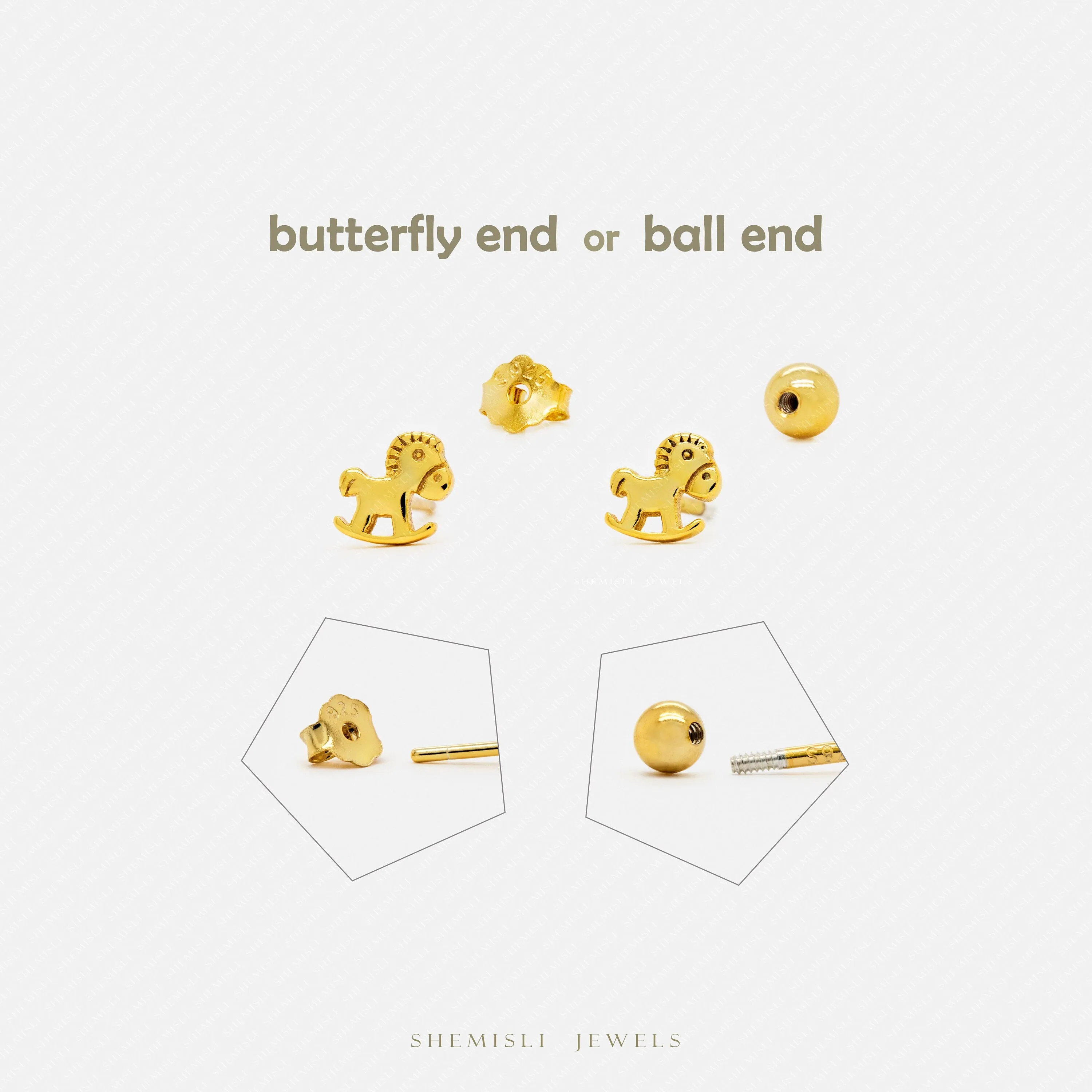 Tiny Rocking Horse Stud Earrings, Unisex, Gold, Silver SHEMISLI SS669 Butterfly End, SS670 Screw Ball End (Type A) LR