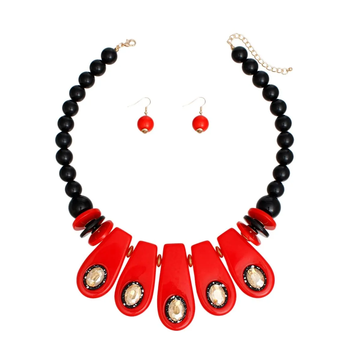 Vintage Red & Black Beaded Bib Necklace Set