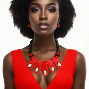 Vintage Red & Black Beaded Bib Necklace Set